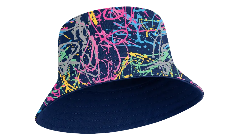Ravers Bucket Hat. Patterned side angled.webp